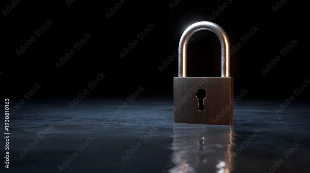 Fototapeta premium A closed metal padlock with a keyhole rests on a dark wet reflective surface under dramatic lighting symbolizing security and privacy