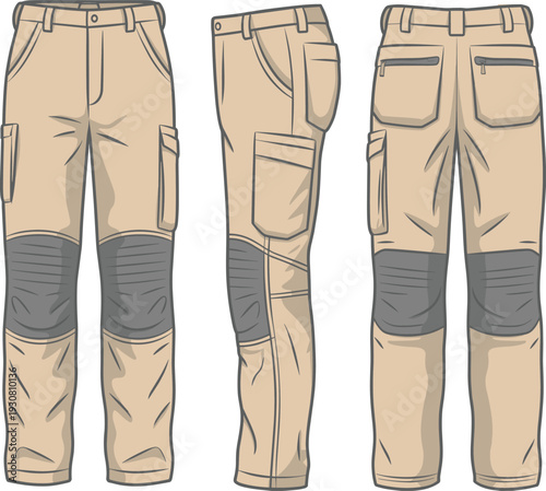 Three beige cargo pants with reinforced gray knee patches and multiple pockets