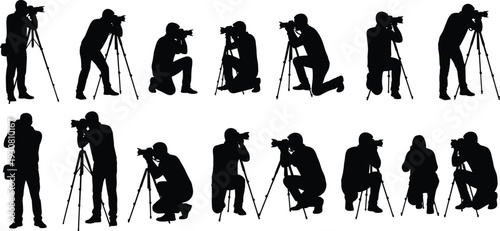 Photographer silhouettes with camera and tripod, professional photography concept isolated on white background vector illustration collection set