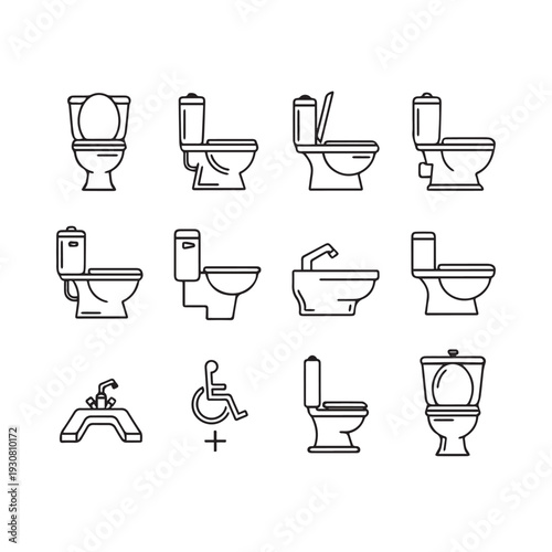 Collection of Toilet Icons Including Accessible and Modern Designs Line Art