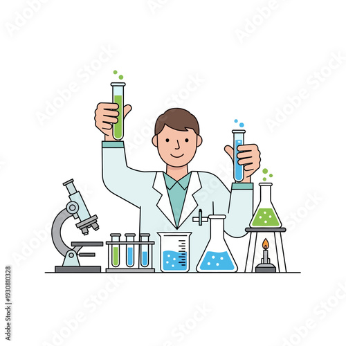 Scientist Holding Test Tubes in Laboratory with Equipment, Science Research Concept