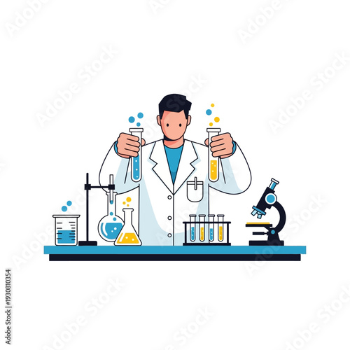 Scientist holding test tubes in laboratory with microscope and equipment