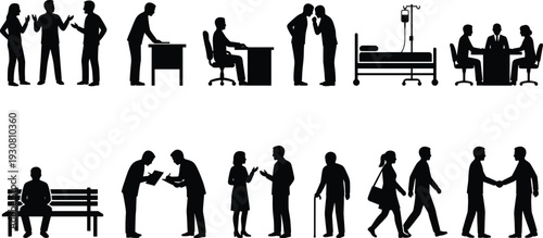 People silhouettes set, business meeting hospital patient handshake walking vector illustration isolated on white background collection
