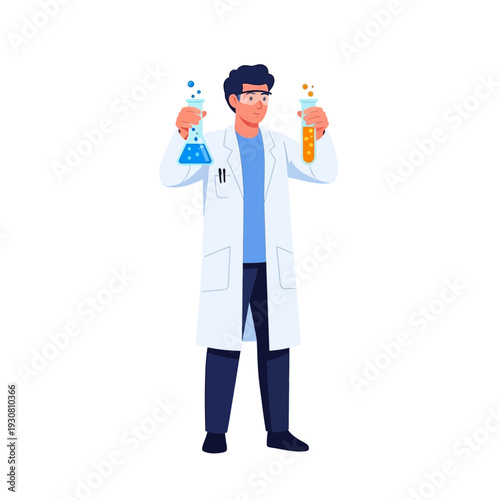Scientist holding test tubes with blue and yellow liquids in a lab coat
