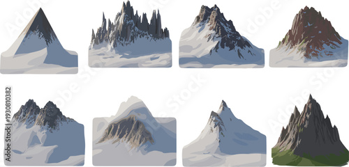 Eight distinct snow-covered mountain peaks with varying shapes and colors against a white background