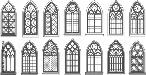 Gothic arched windows with intricate stained glass patterns in black and white gothic windows intricate patterns