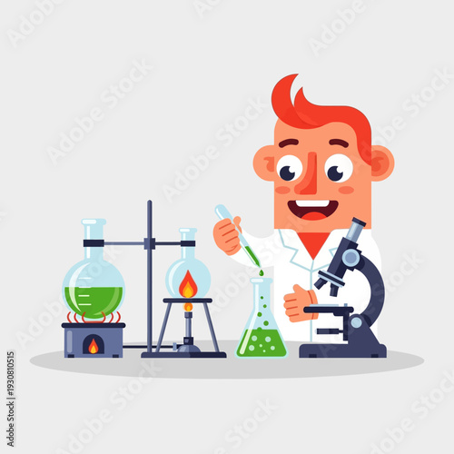 Scientist conducting experiment with beakers, microscope and Bunsen burner