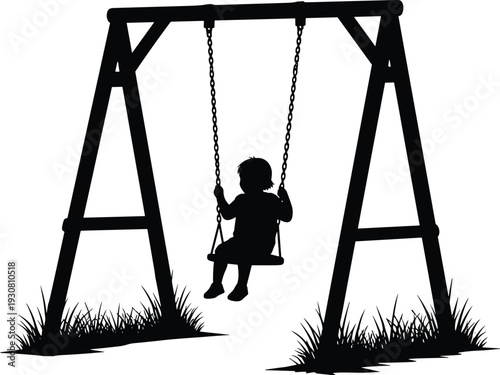 Child on playground swing silhouette, outdoor childhood activity concept, park recreation scene, carefree kid lifestyle, black vector illustration isolated on white background