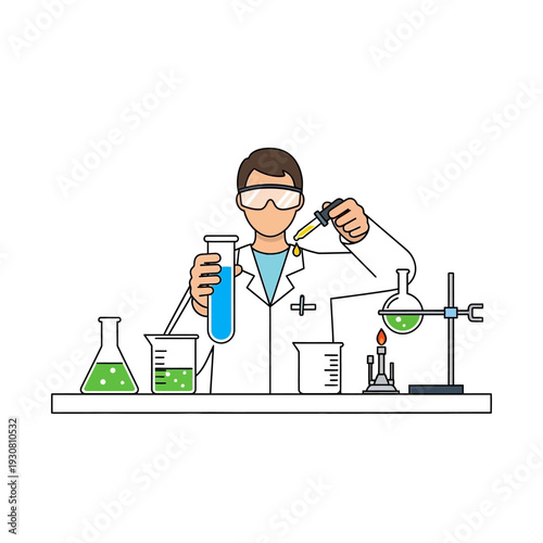 Scientist conducting experiment with colorful liquids in laboratory glassware, science research concept