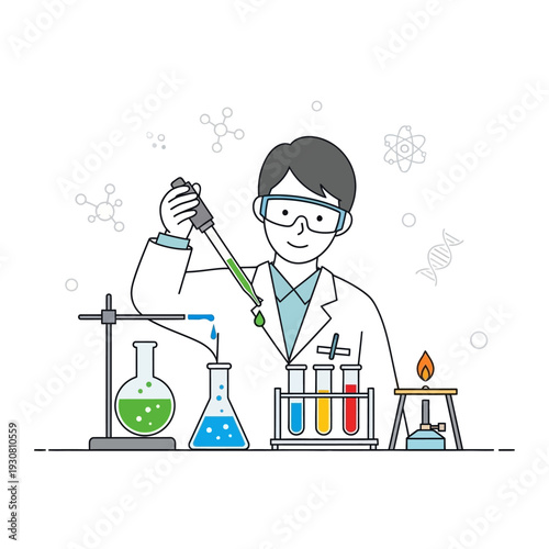 Scientist conducting experiment with liquids in laboratory glassware and burner