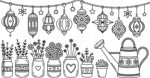 Ornate hanging lanterns and decorated flower pots with a watering can in a black and white decorative