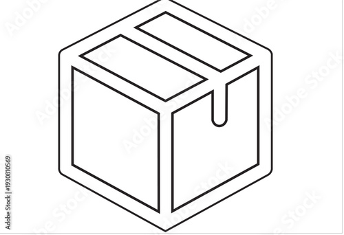 The image depicts a simple, black and white illustration of an open box with a lid slightly ajar. The box has a rectangular shape with a clear distinction 
