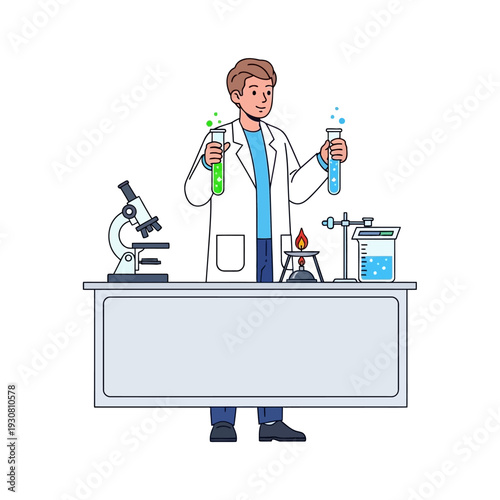 Scientist conducting experiment with test tubes and microscope on lab table