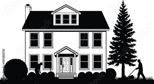 Classic suburban house silhouette with yard work scene, residential property exterior, home landscaping and lawn mowing maintenance, black vector illustration