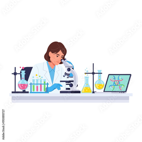 Scientist examining DNA structure under microscope in modern laboratory with equipment