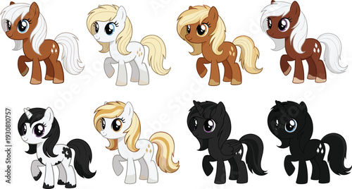 Cute cartoon pony character set, colorful fantasy horse collection, kawaii style vector illustration, adorable animal mascots isolated for kids design