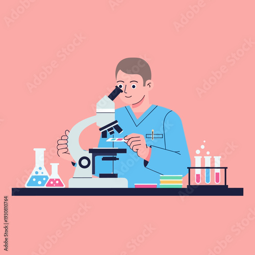 Scientist examining sample under microscope in laboratory with colorful liquids and equipment