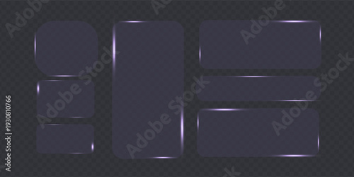 Light frame liquid glass button set for mobile and web app, tech board frame in futuristic style. Purple HUD interface, vector illustration. Light glass png banner collection with glow effect.