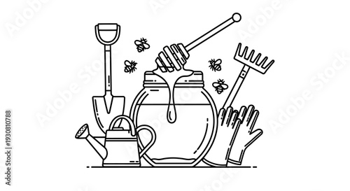 Honey jar with dipper, surrounded by flying bees and essential gardening tools, on an isolated white background.