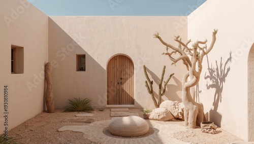 Courtyard With a Wooden Door and Simple Plants in Soothing Colors Under Brigh...