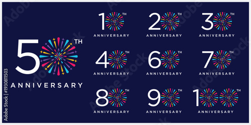 Set of collection 10 to 100 anniversary logo design, firework colorful for celebration happy new year and birthday logo graphic vector template
