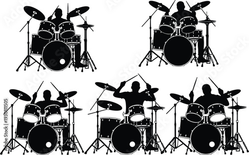 Drummer playing drum set vector illustration collection, black silhouette musician performing on stage with percussion kit isolated on white background