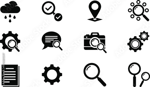 Search and optimization icon set, magnifying glass, gear, location pin, document and analysis vector illustration collection