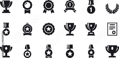 Set of award trophy and medal icons, achievement badges collection, winner symbols, championship prizes, vector illustration isolated on background