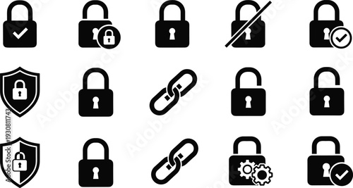 Security lock and protection icon set, padlock symbols, shield privacy signs, cybersecurity safety concept, vector illustration isolated on background