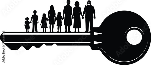 Family unity concept illustrated on key silhouette, symbolizing home ownership, security, generations, love, protection, inheritance, and future financial legacy planning