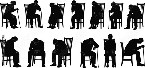 Elderly people sitting on chairs with walking canes, senior silhouette set vector illustration, aging concept, isolation, retirement, black and white collection