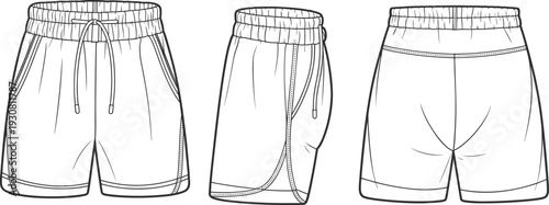 Three Different Styles of White Shorts with Drawstrings and Waistbands Illustrated in Black and White Line