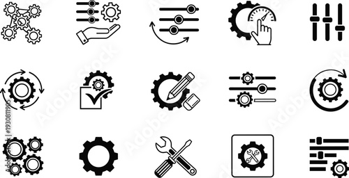 Settings and configuration icon set, gear adjustment symbols collection with sliders, tools and process automation vector illustration