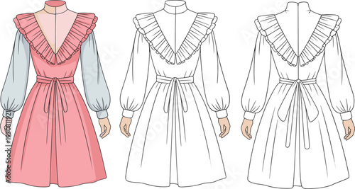 Three of a woman wearing a pink dress with ruffled collar and puffed sleeves tied with a ribbon