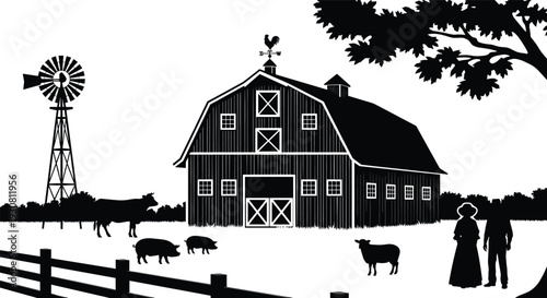 Farm barn and windmill silhouette vector illustration, rural countryside scene with livestock and farmers, black and white agricultural landscape design