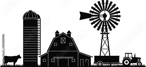 Farm landscape silhouette with barn silo windmill and tractor vector illustration, rural agriculture scene, black and white countryside farming design