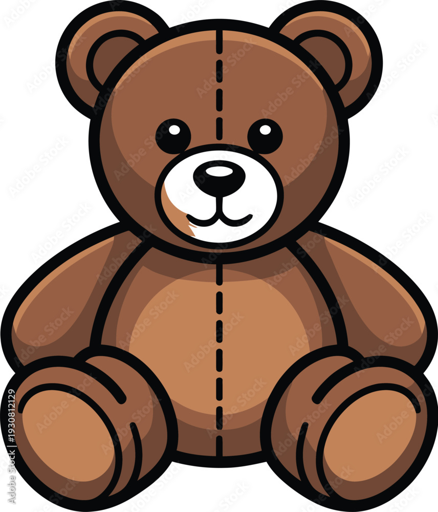 Fototapeta premium Vector illustration of a brown teddy bear sitting with a dashed line down its face