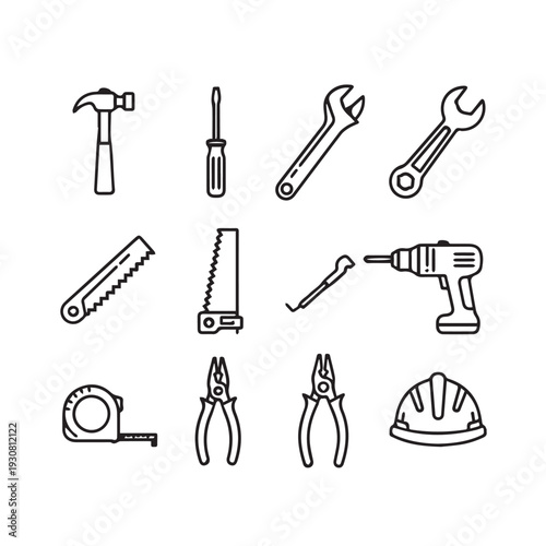 Set of Line Art Construction and Repair Tools Hard Hat Tape Measure Screwdriver Pliers Wrenches Saws Drill