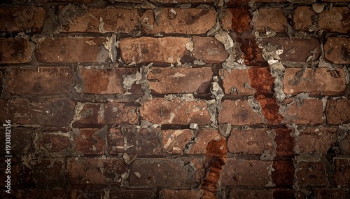 Old Brick Wall With Cracks and Stains Showing Wear Over Time