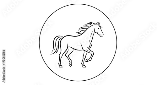Elegant horse head profile within a circular frame, representing strength and beauty, isolated white background.
