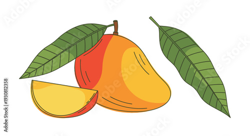 Mango Fruit with Leaves and Slice.