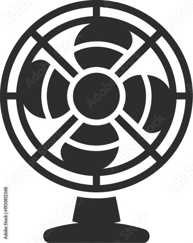 A black desk fan with spinning blades in a simple vector illustration style