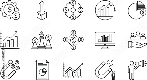Business Strategy and Financial Growth Line Icon Set with Charts, Investment, Marketing, Analytics, and Revenue Management Vector Illustration