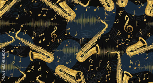Golden Trumpets and Musical Notes Pattern.
