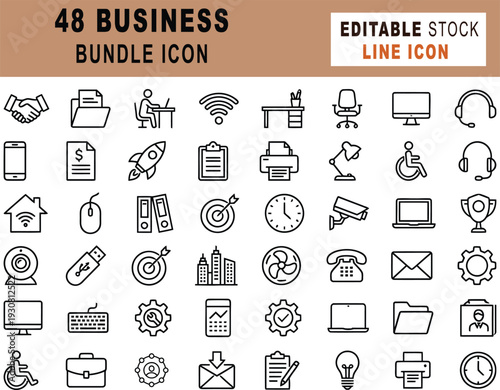 Collection of forty eight black and white business related line icons on a tan background