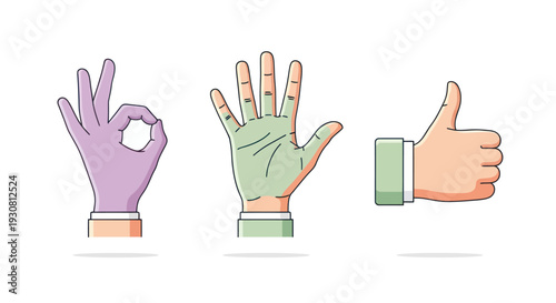 Hands Showing OK, Five Fingers and Thumbs Up.