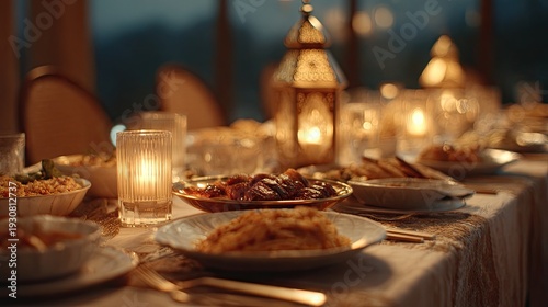 Traditional ramadan feast with lantern decor
