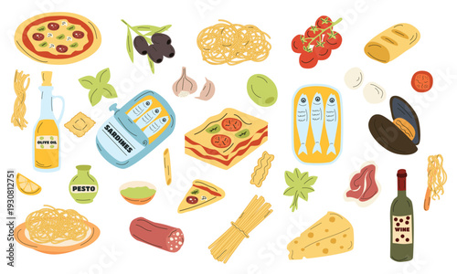 Italian food element set with pasta, pizza, lasagna, canned sardines, pesto sauce, olive oil, wine bottle, cheese, olives and Mediterranean ingredients illustration
