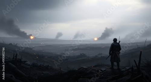 Soldier watches distant artillery fire on a hazy battlefield