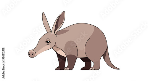 Stylized illustration of a curious aardvark with large ears and a distinct snout, standing against a clean white background